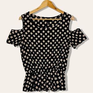 Estam Daisy Floral Print Cutout Cold Shoulder Drop Waist Lightweight Top Black L